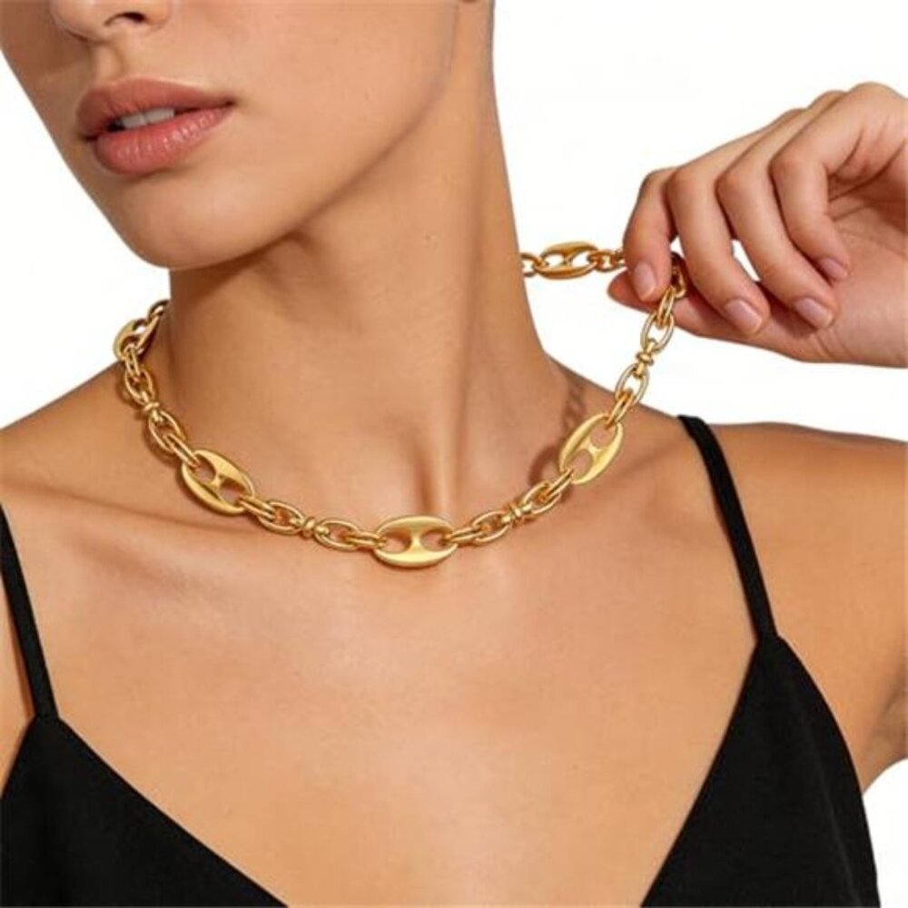 Women's Chunky Gold Necklace 14k Gold Plated Thick Oval Links Chain Choker - Picture 4 of 7